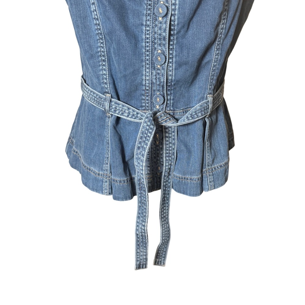 White House Black Market Topstitch Denim Bodice‎ Peplum Belted Top Blue 14 NWT - Picture 9 of 13